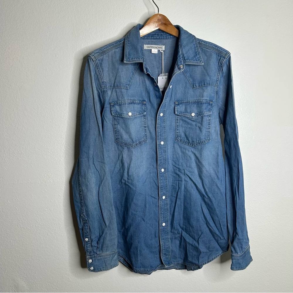 NWT Outerknown 100% Organic Cotton Denim Pearl Snap Button Down Long Shirt - Picture 10 of 16